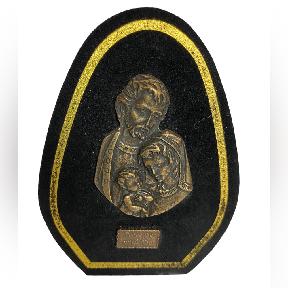 Vintage Mary, Joseph, baby Jesus Religious Plaque Brass Stand"Peace be with You"